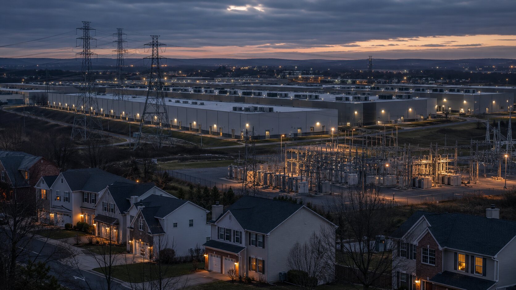 Data center campus beside a residential area